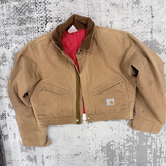 Carhartt Jackets & Blazers - Vintage Carhartt Tan Cropped Jacket with Brown Collar made from a jumpsuit.